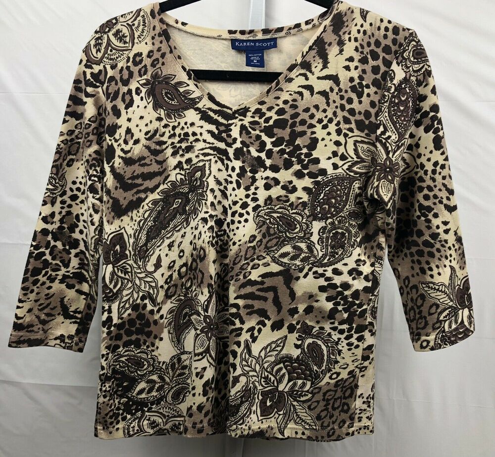 Karen Scott Top Women Medium Brown Floral 100% Cotton Stretch V Neck Long Sleeve